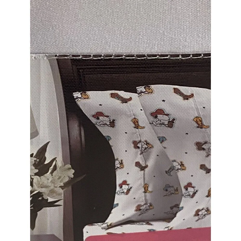 4 Pc PEANUTS Snoopy Cowboy QUEEN Sheet Set By Berkshire Super‎ Soft White NEW